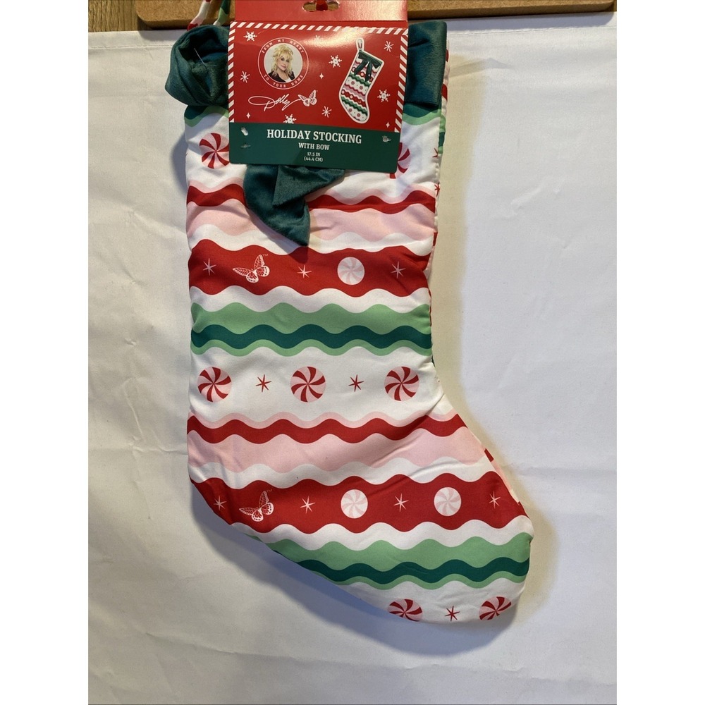 DOLLY PARTON Christmas Holiday Stocking with Bow 17.5"in. Green Red White
